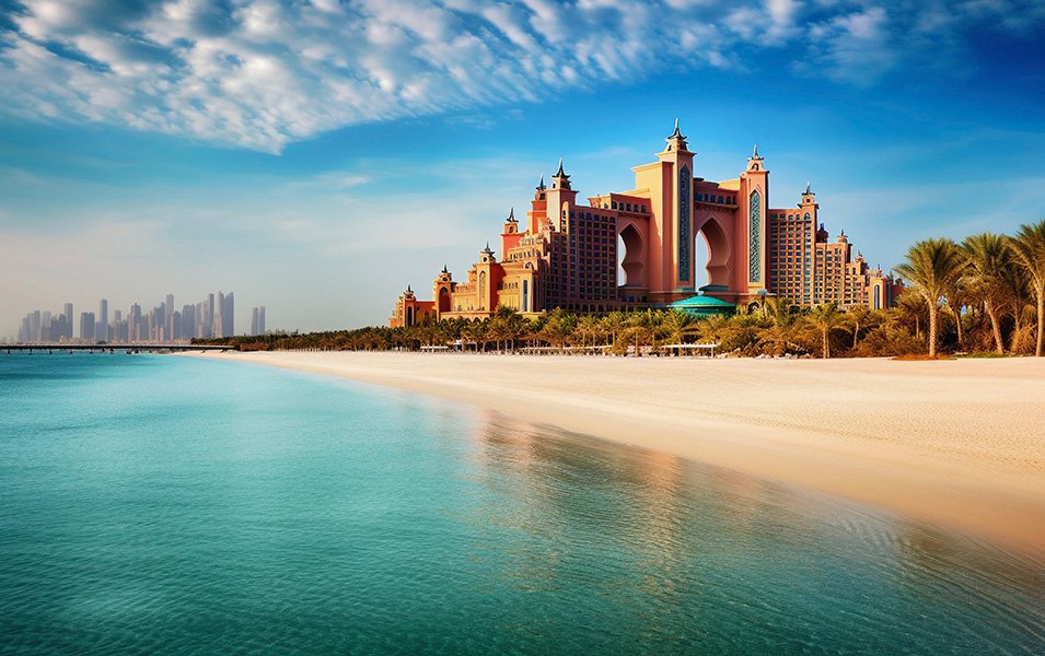 Atlantis The Palm resort with a pristine beach and Dubai skyline in the distance | MSC Cruises