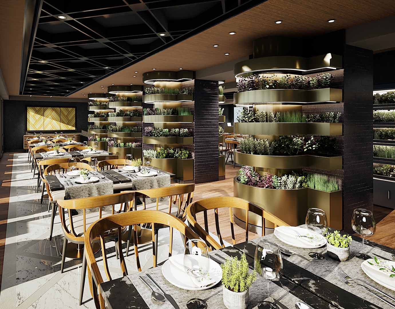 Elegant cruise ship restaurant with modern decor and fresh herb displays | MSC Cruises Elegant cruise ship restaurant with modern decor and fresh herb displays | MSC Cruises