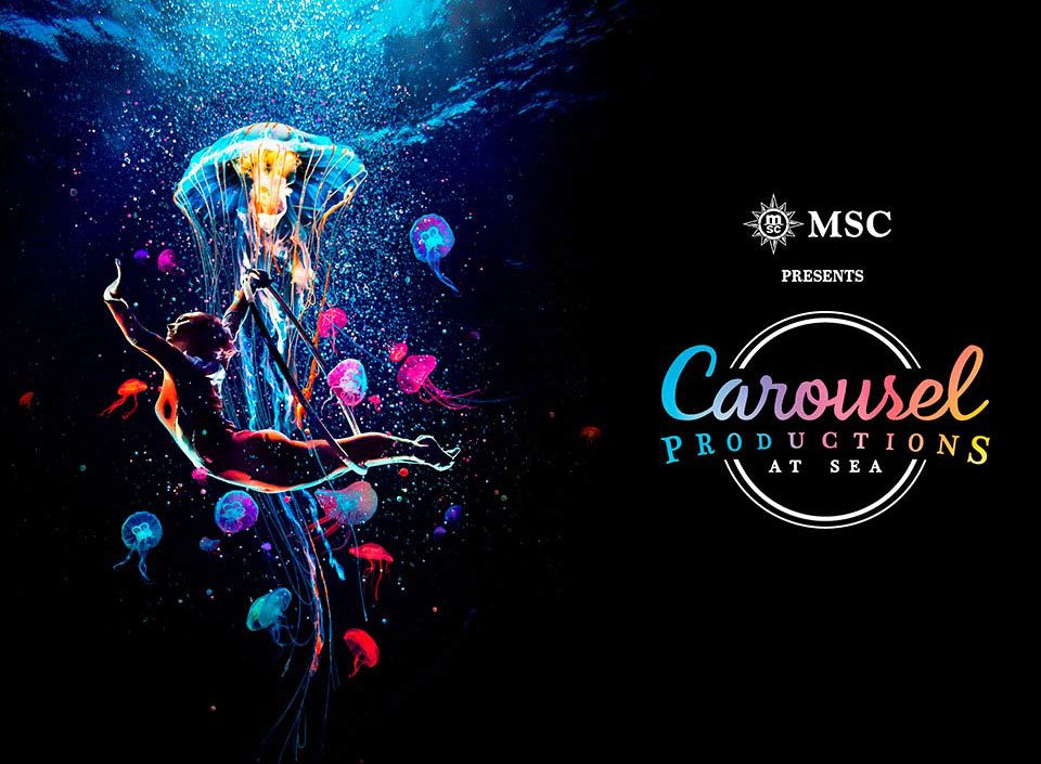 An acrobat performing underwater with glowing jellyfish for Carousel Productions at Sea | MSC Cruises An acrobat performing underwater with glowing jellyfish for Carousel Productions at Sea | MSC Cruises
