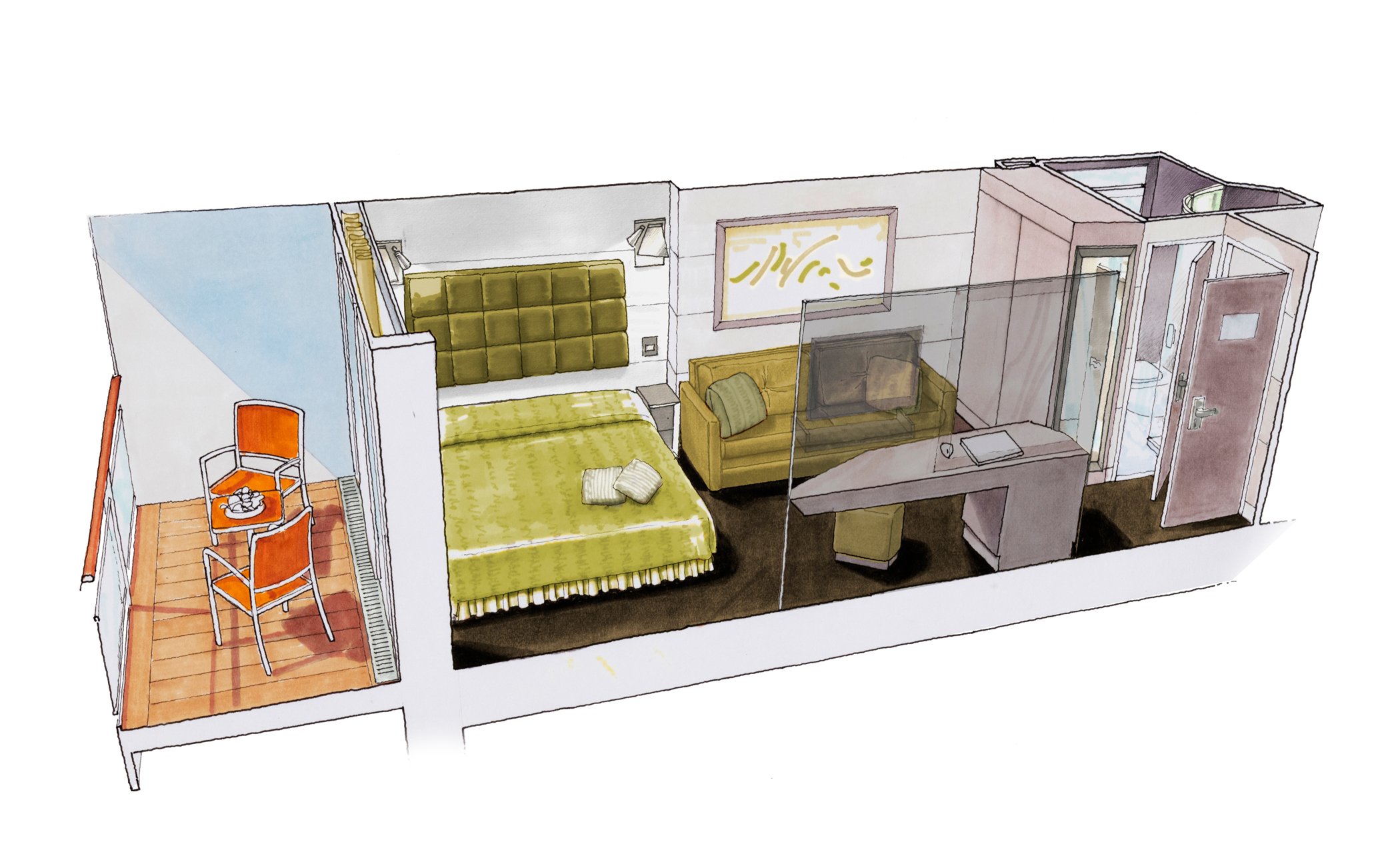 Illustration of a modern cruise ship cabin with private balcony, queen bed, sofa, and desk | MSC Cruises