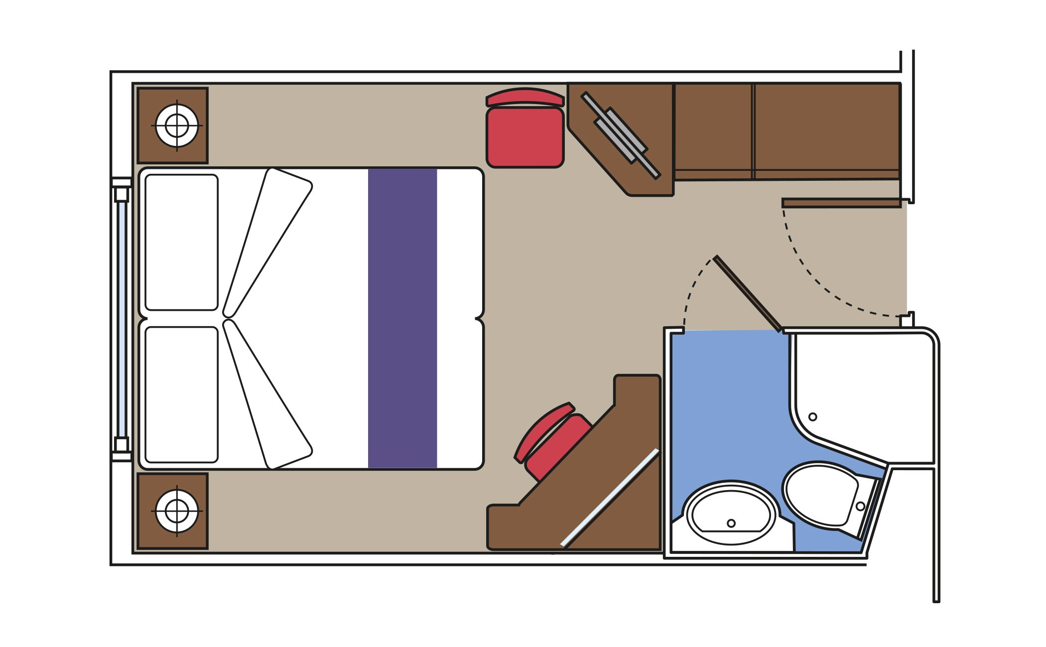 Diagram of a cruise ship cabin layout with bed, seating area, storage, and private bathroom | MSC Cruises